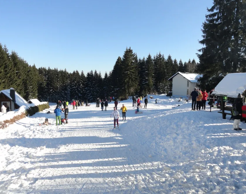 Viele Menschen auf einem winterlichen Rodelhang